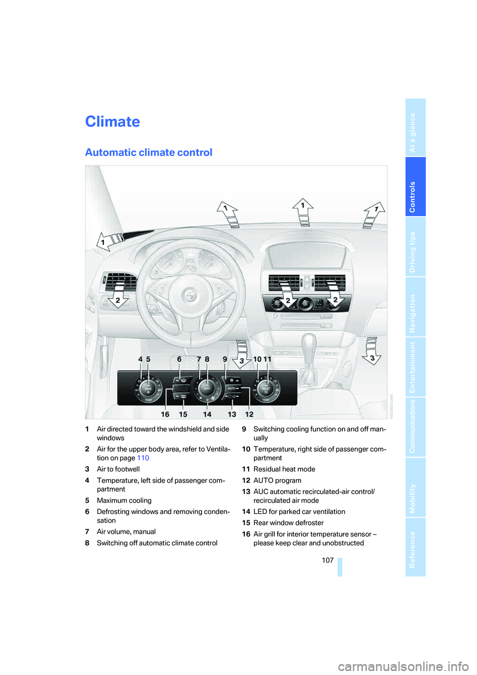 BMW 650I COUPE&CONVERTIBLE 2007  Owners Manual Controls
 107Reference
At a glance
Driving tips
Communications
Navigation
Entertainment
Mobility
Climate
Automatic climate control
1Air directed toward the windshield and side 
windows
2Air for the up