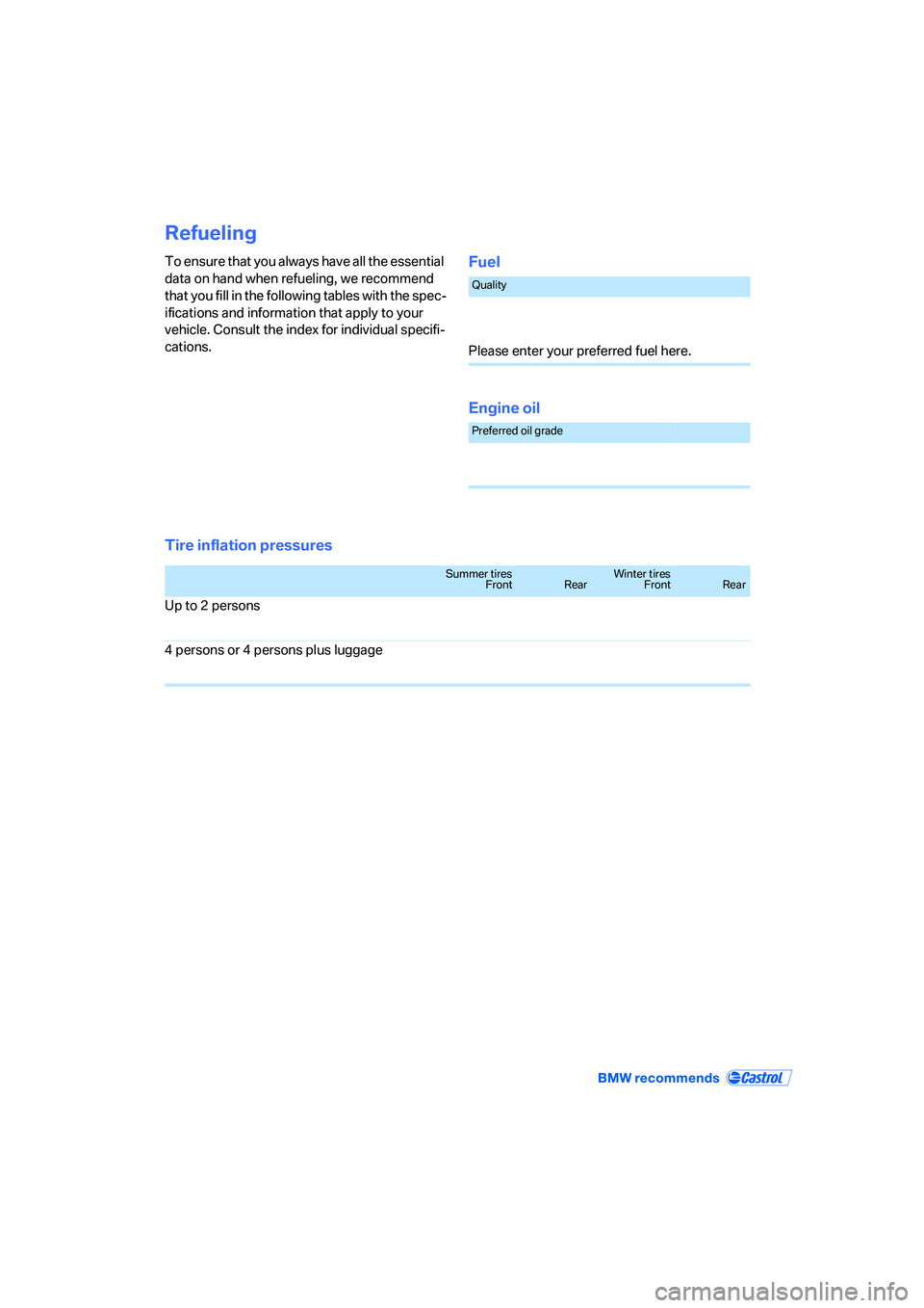 BMW 650I COUPE&CONVERTIBLE 2007  Owners Manual Refueling
To ensure that you always have all the essential 
data on hand when refueling, we recommend 
that you fill in the following tables with the spec-
ifications and information that apply to you