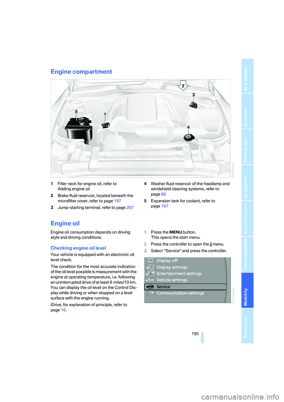 BMW 650I COUPE&CONVERTIBLE 2006  Owners Manual Mobility
 195Reference
At a glance
Controls
Driving tips
Communications
Navigation
Entertainment
Engine compartment
1Filler neck for engine oil, refer to 
Adding engine oil
2Brake fluid reservoir, loc