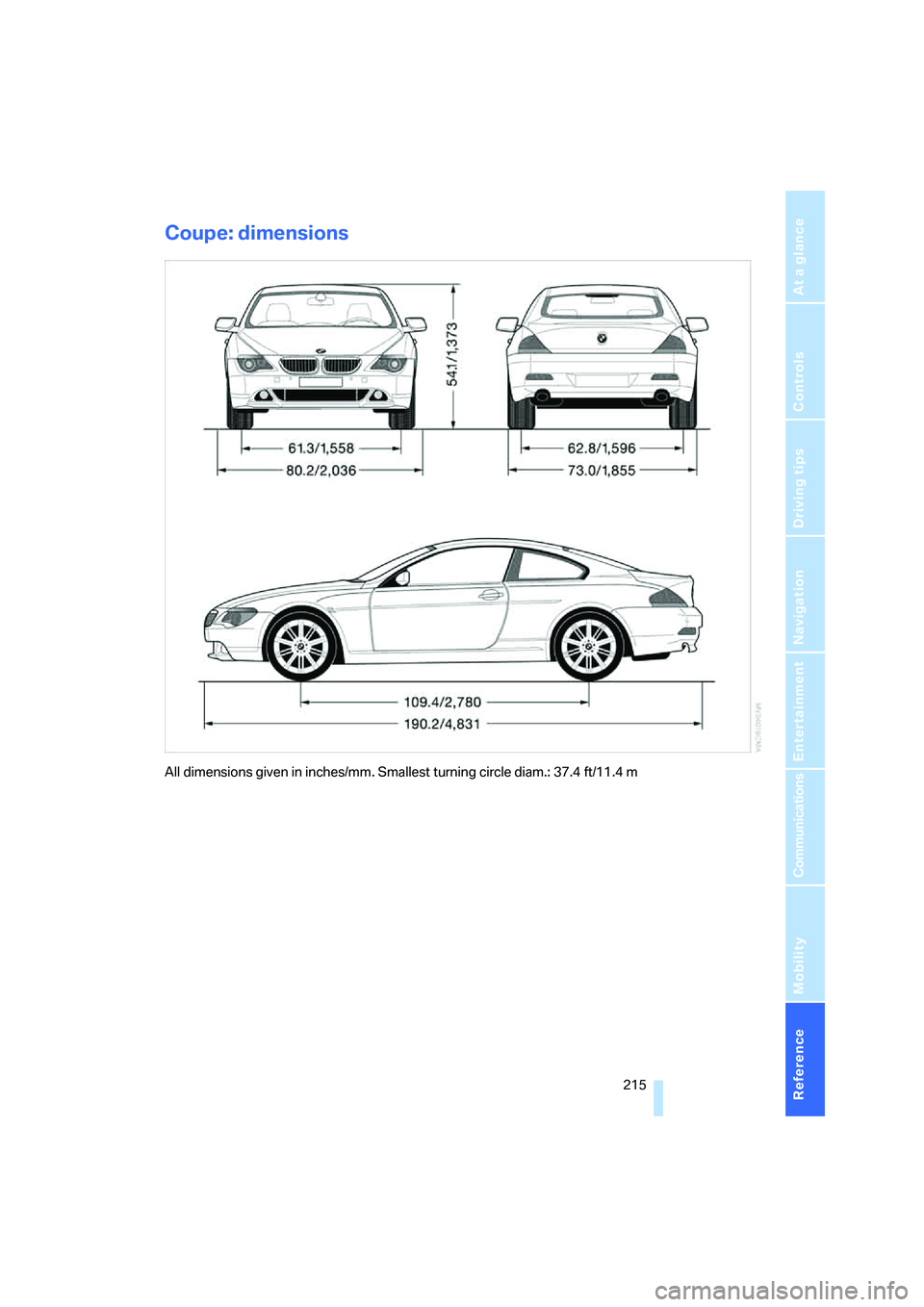 BMW 650I COUPE&CONVERTIBLE 2006  Owners Manual Reference 215
At a glance
Controls
Driving tips
Communications
Navigation
Entertainment
Mobility
Coupe: dimensions
All dimensions given in inches/mm. Smallest turning circle diam.: 37.4 ft/11.4 m 
