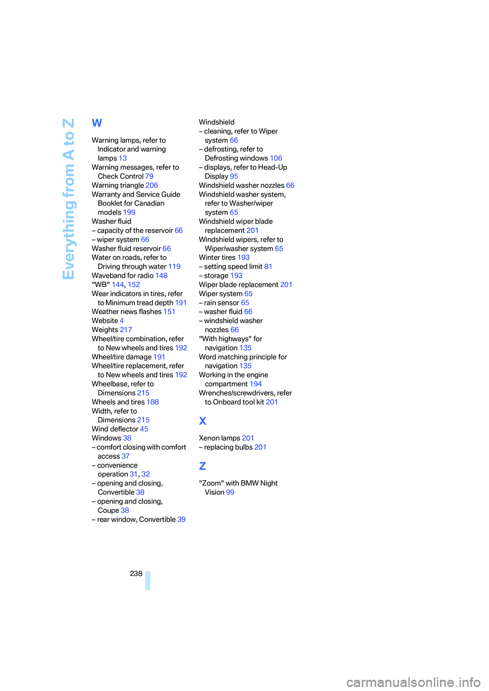 BMW 650I COUPE&CONVERTIBLE 2006  Owners Manual Everything from A to Z
238
W
Warning lamps, refer to 
Indicator and warning 
lamps13
Warning messages, refer to 
Check Control79
Warning triangle206
Warranty and Service Guide 
Booklet for Canadian 
m