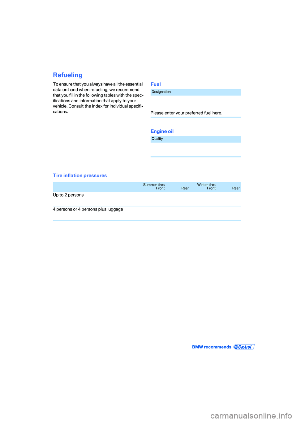 BMW 650I COUPE&CONVERTIBLE 2006  Owners Manual Refueling
To ensure that you always have all the essential 
data on hand when refueling, we recommend 
that you fill in the following tables with the spec-
ifications and information that apply to you