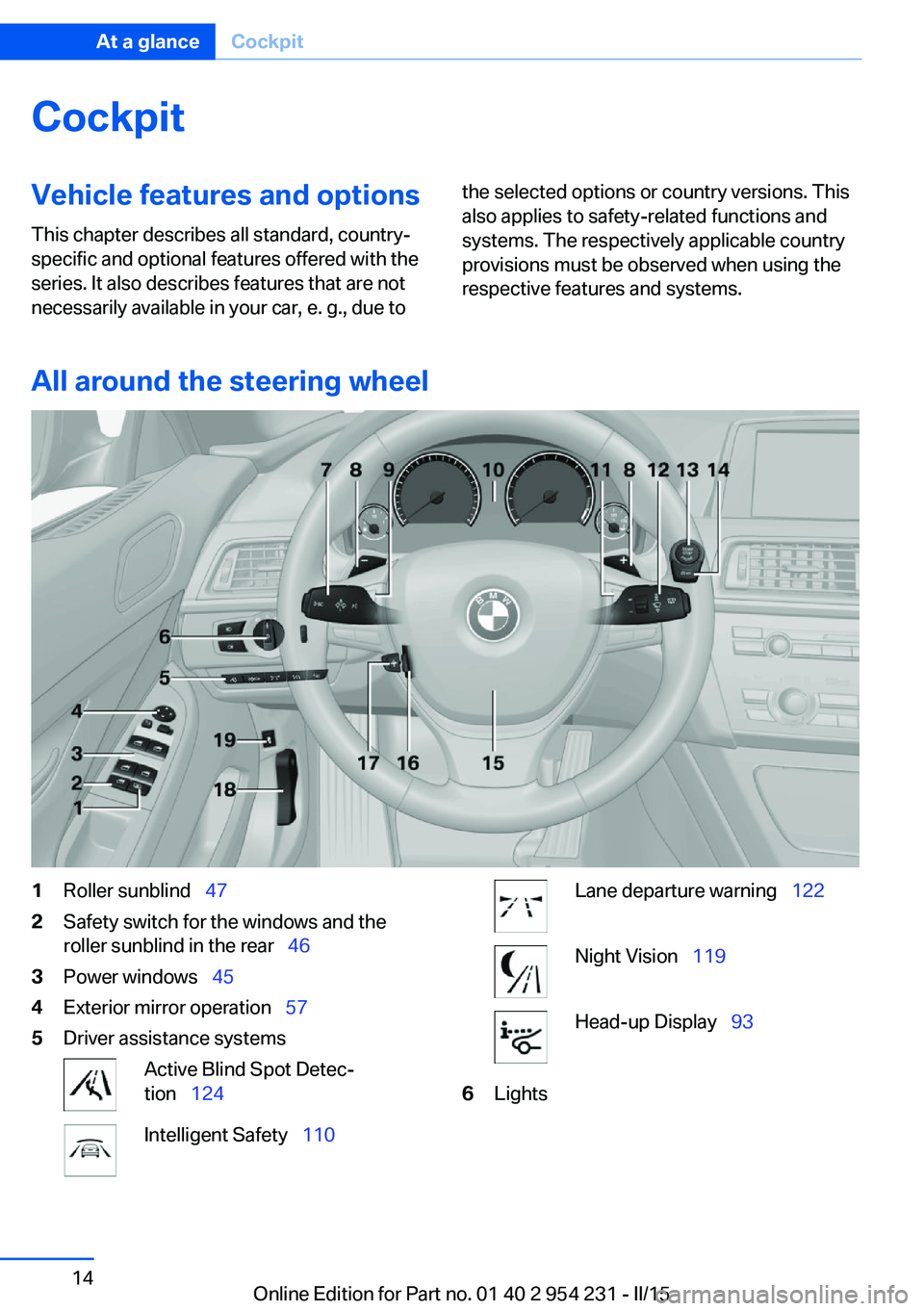BMW 650I GRAN COUPE 2016 User Guide CockpitVehicle features and options
This chapter describes all standard, country-
specific and optional features offered with the
series. It also describes features that are not
necessarily available BMW 650I GRAN COUPE 2016 User Guide CockpitVehicle features and options
This chapter describes all standard, country-
specific and optional features offered with the
series. It also describes features that are not
necessarily available