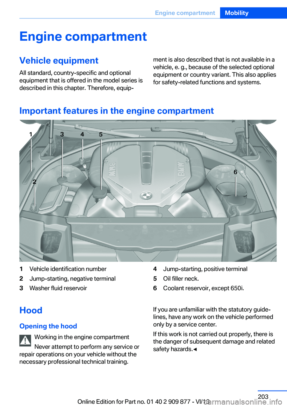 BMW 650I XDRIVE GRAN COUPE 2014 Owners Manual Engine compartmentVehicle equipmentAll standard, country-specific and optional
equipment that is offered in the model series is
described in this chapter. Therefore, equip‐ment is also described tha BMW 650I XDRIVE GRAN COUPE 2014 Owners Manual Engine compartmentVehicle equipmentAll standard, country-specific and optional
equipment that is offered in the model series is
described in this chapter. Therefore, equip‐ment is also described tha