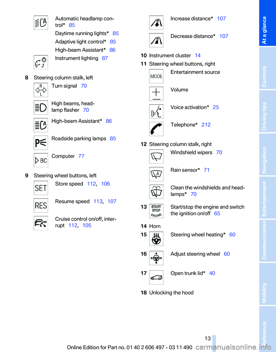 BMW 740I SEDAN 2011  Owners Manual Automatic headlamp con‐
trol*  85
Daytime running lights*  85
Adaptive light control
*  85
High-beam Assistant*  86 Instrument lighting  87
8 Steering column stalk, left Turn sig