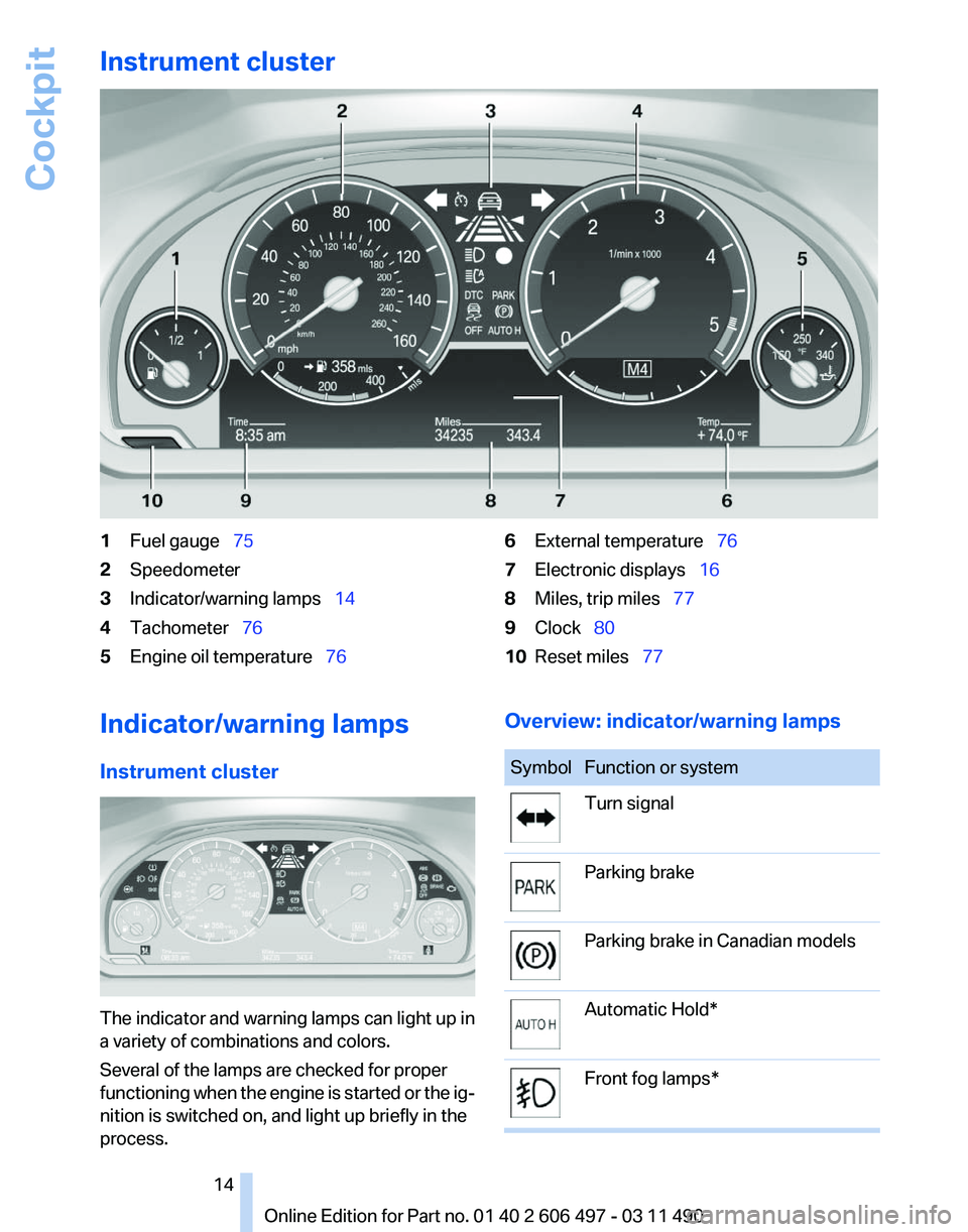 BMW 740I SEDAN 2011  Owners Manual Instrument cluster
1
Fuel gauge  75
2 Speedometer
3 Indicator/warning lamps  14
4 Tachometer  76
5 Engine oil temperature   766
External temperature  76
7 Electronic displays  