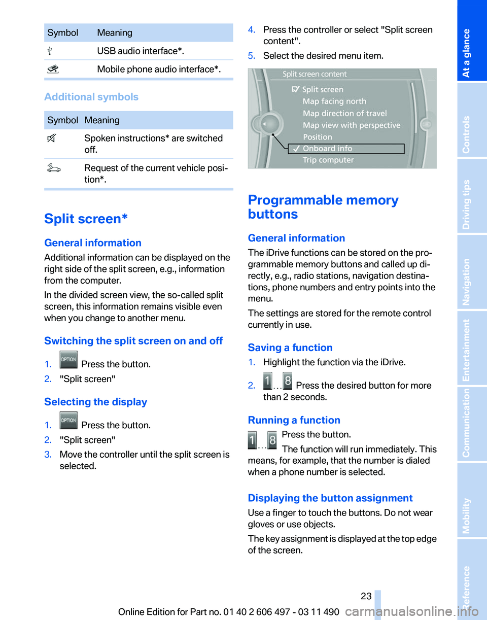 BMW 740I SEDAN 2011  Owners Manual Symbol Meaning
  USB audio interface*.
  Mobile phone audio interface*.
Additional symbols
Symbol Meaning
  Spoken instructions* are switched
off.   Request of the current vehicle posi‐
tion*. Split