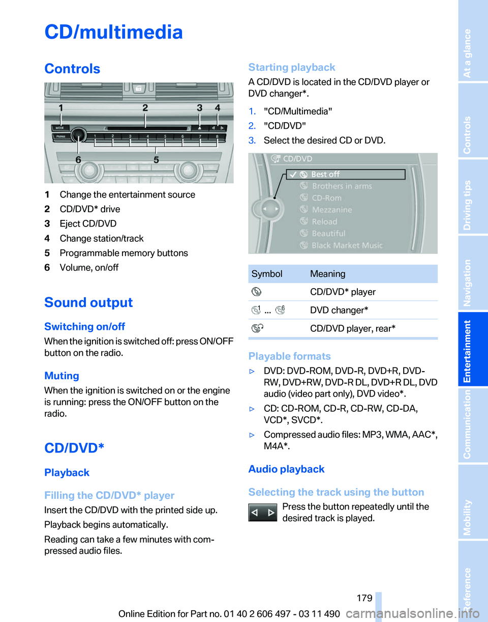 BMW 740LI SEDAN 2011  Owners Manual CD/multimedia
Controls
1
Change the entertainment source
2 CD/DVD* drive
3 Eject CD/DVD
4 Change station/track
5 Programmable memory buttons
6 Volume, on/off
Sound output
Switching on/off
When 
the ig