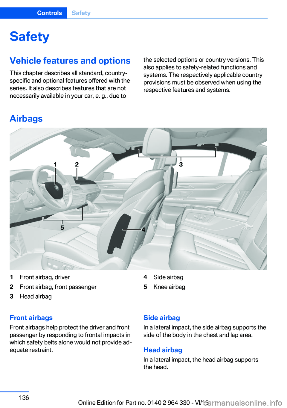 BMW 740LI XDRIVE SEDAN 2015  Owners Manual SafetyVehicle features and options
This chapter describes all standard, country-
specific and optional features offered with the
series. It also describes features that are not
necessarily available i