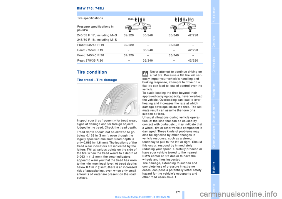 BMW 745LI SEDAN 2002  Owners Manual At a glanceControlsDriving tipsCommunicationsNavigationEntertainmentMobilityReference
 171
BMW 745i, 745LiTire condition Tire tread Ð Tire damageInspect your tires frequently for tread wear, 
signs o