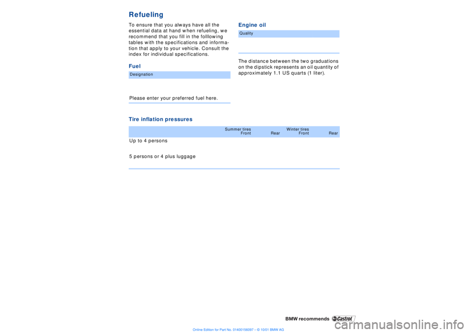 BMW 745LI SEDAN 2002  Owners Manual RefuelingTo ensure that you always have all the 
essential data at hand when refueling, we 
recommend that you fill in the folllowing 
tables with the specifications and informa-
tion that apply to yo