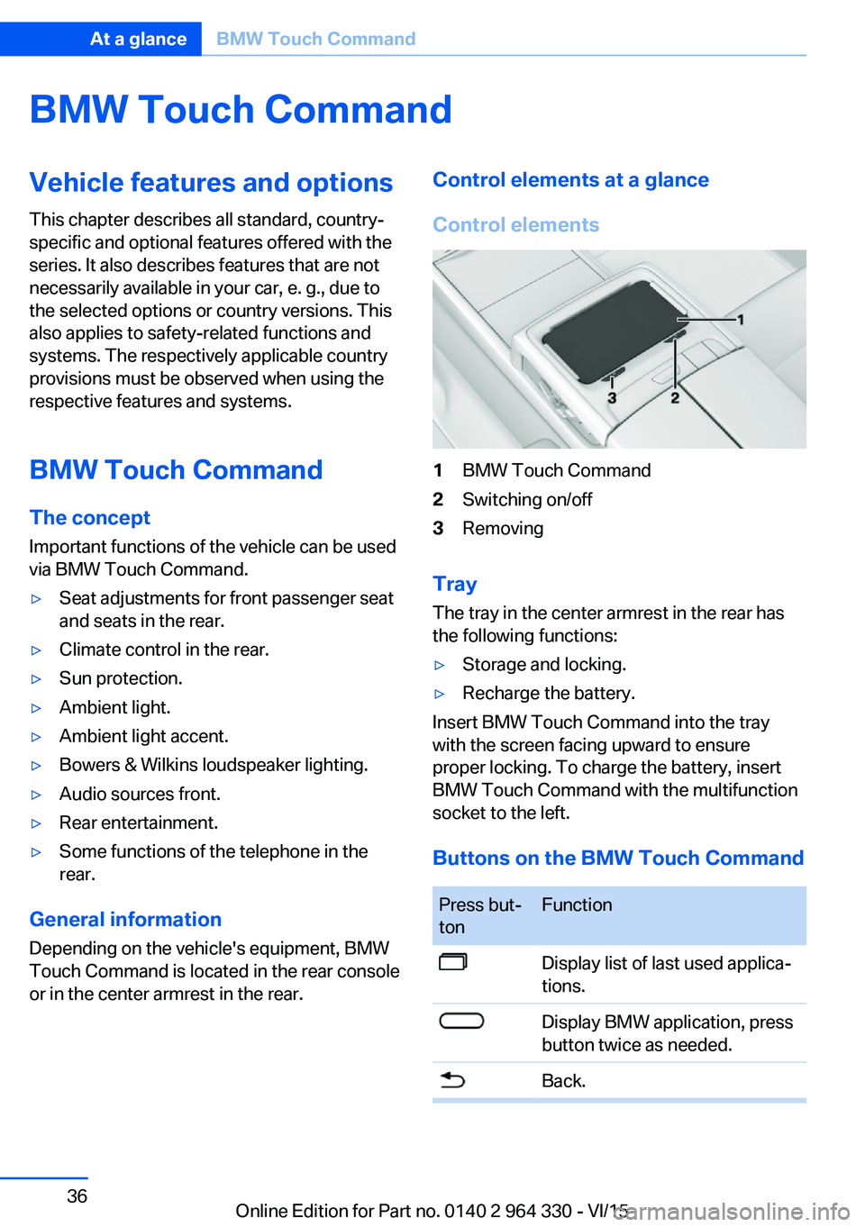 BMW 750I SEDAN 2015 Owners Manual BMW Touch CommandVehicle features and options
This chapter describes all standard, country-
specific and optional features offered with the
series. It also describes features that are not
necessarily BMW 750I SEDAN 2015 Owners Manual BMW Touch CommandVehicle features and options
This chapter describes all standard, country-
specific and optional features offered with the
series. It also describes features that are not
necessarily