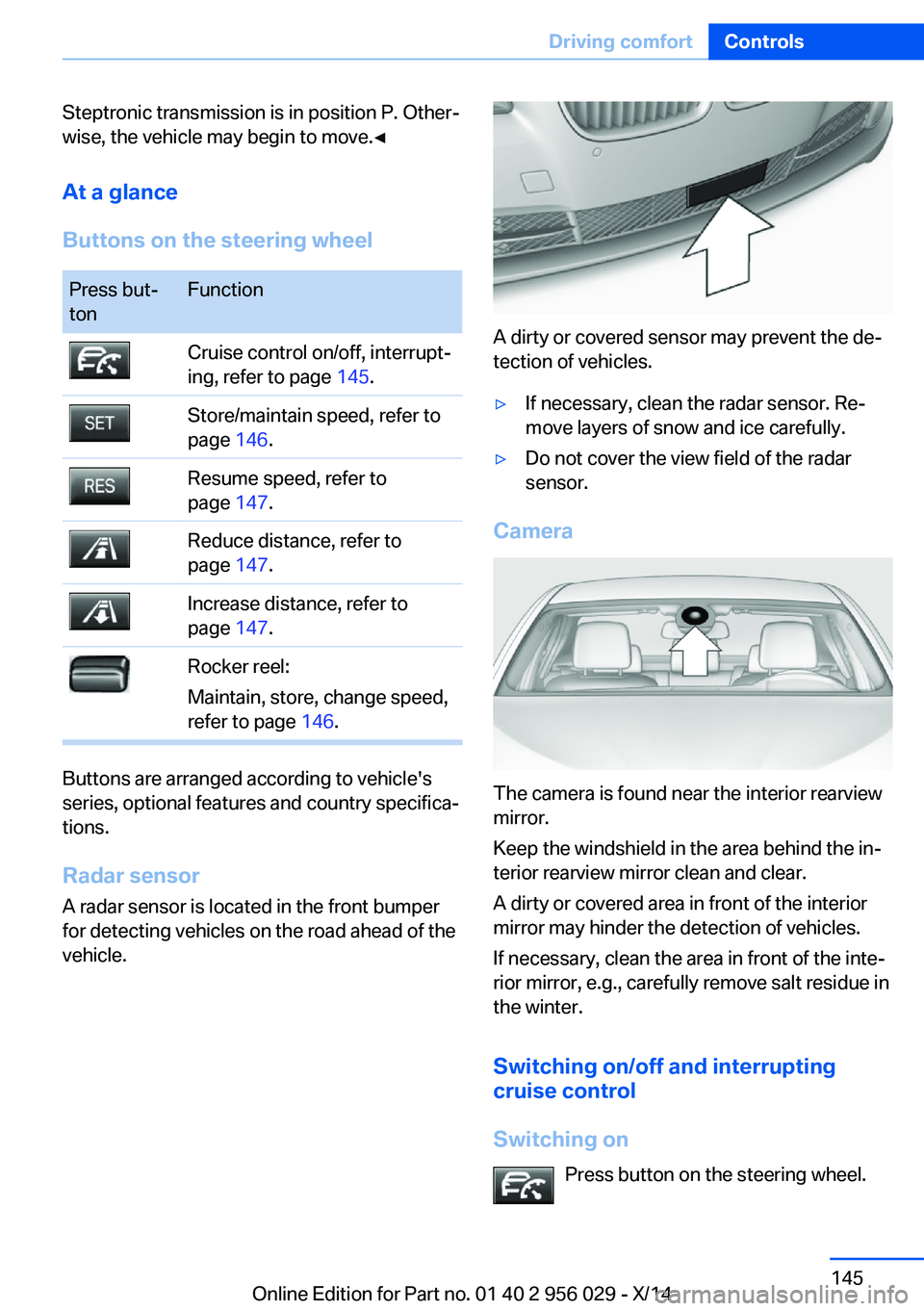 BMW 750I SEDAN 2014  Owners Manual Steptronic transmission is in position P. Other‐
wise, the vehicle may begin to move.◀
At a glance
Buttons on the steering wheelPress but‐
tonFunctionCruise control on/off, interrupt‐
ing, ref