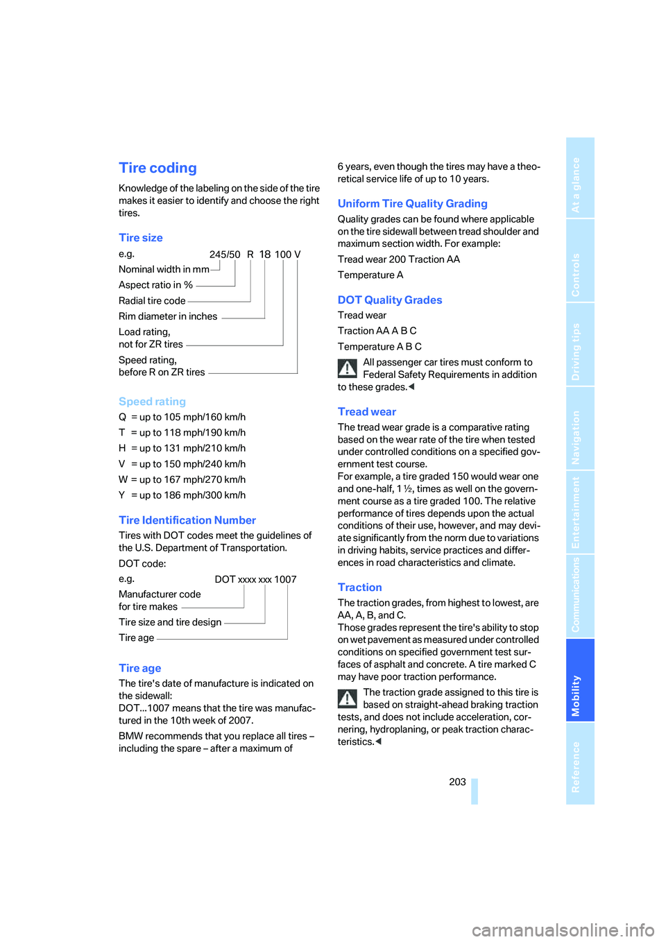 BMW 750LI SEDAN 2007 Owners Manual Mobility
203Reference
At a glance
Controls
Driving tips
Communications
Navigation
Entertainment
Tire coding
Knowledge of the labeling on the side of the tire
makes it easier to identify and choose t BMW 750LI SEDAN 2007 Owners Manual Mobility
203Reference
At a glance
Controls
Driving tips
Communications
Navigation
Entertainment
Tire coding
Knowledge of the labeling on the side of the tire
makes it easier to identify and choose t