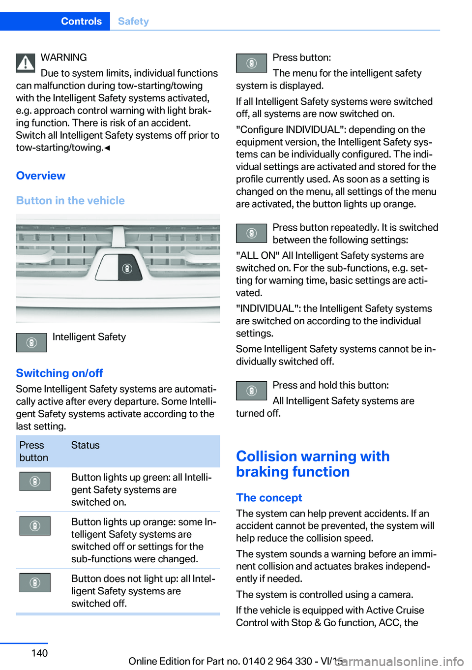 BMW 750LI XDRIVE SEDAN 2015  Owners Manual WARNING
Due to system limits, individual functions
can malfunction during tow-starting/towing
with the Intelligent Safety systems activated,
e.g. approach control warning with light brak‐
ing functi