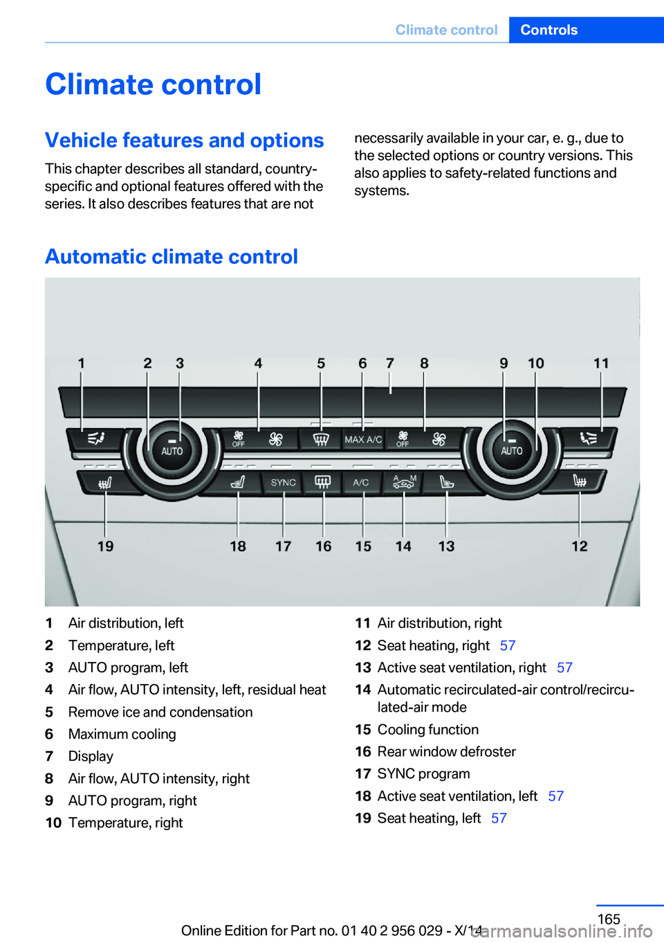 BMW 750LI XDRIVE SEDAN 2014 Owners Manual Climate controlVehicle features and options
This chapter describes all standard, country-
specific and optional features offered with the
series. It also describes features that are notnecessarily ava BMW 750LI XDRIVE SEDAN 2014 Owners Manual Climate controlVehicle features and options
This chapter describes all standard, country-
specific and optional features offered with the
series. It also describes features that are notnecessarily ava