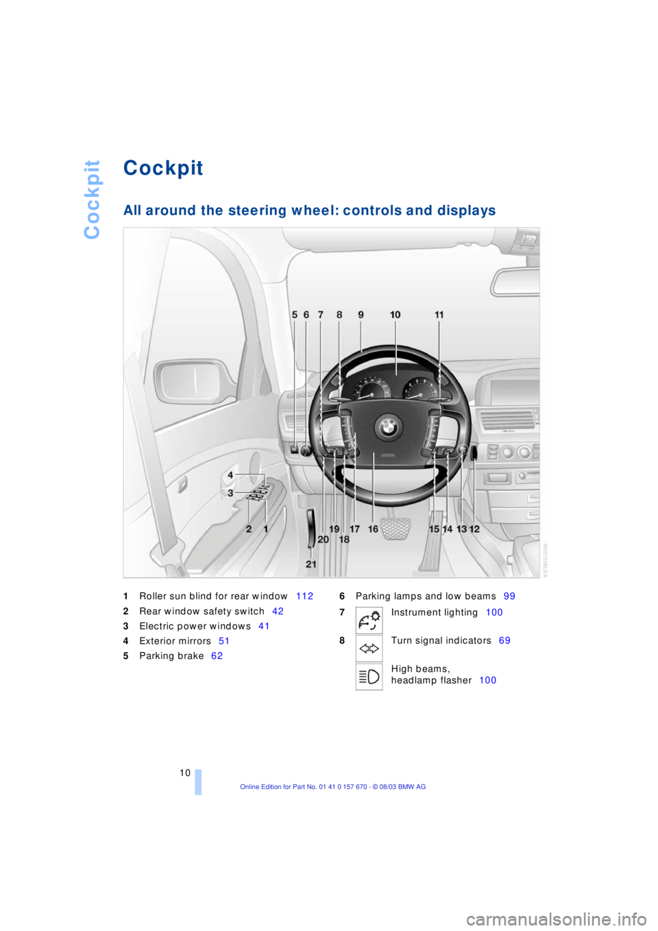 BMW 760LI SEDAN 2004 User Guide
Cockpit
10
Cockpit
All around the steering wheel: controls and displays
1
Roller sun blind for rear window112
2
Rear window safety switch42
3
Electric power windows41
4
Exteri BMW 760LI SEDAN 2004 User Guide
Cockpit
10
Cockpit
All around the steering wheel: controls and displays
1
Roller sun blind for rear window112
2
Rear window safety switch42
3
Electric power windows41
4
Exteri