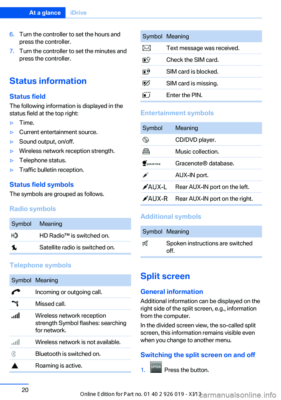 BMW ALPINA B7 SWB 2013 Owners Manual 6.Turn the controller to set the hours and
press the controller.7.Turn the controller to set the minutes and
press the controller.
Status information
Status field The following information is displaye BMW ALPINA B7 SWB 2013 Owners Manual 6.Turn the controller to set the hours and
press the controller.7.Turn the controller to set the minutes and
press the controller.
Status information
Status field The following information is displaye