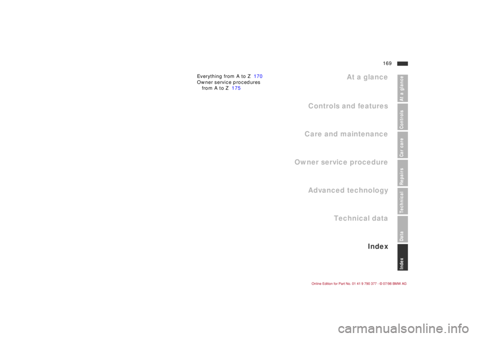 BMW CONVERTIBLE 1998  Owners Manual At a glance
Controls and featuresCare and maintenanceAdvanced technology
Technical data
Owner service procedure
At a glanceControls Car careRepairsTechnicalDataIndex
Index
169
Everything from A to Z17