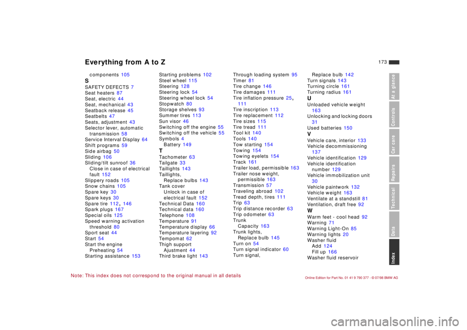 BMW CONVERTIBLE 1998  Owners Manual 173
At a glanceControls Car careRepairsTechnicalDataIndex
Note: This index does not correspond to the original manual in all detailscomponents
 105
SSAFETY DEFECTS
 7
Seat heaters
 87
Seat, electric 4