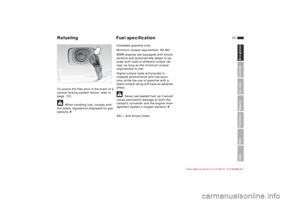 BMW CONVERTIBLE 1998  Owners Manual At a glanceControls Car care Repairs Technical Data Index
23
Refueling Fuel specificationTo unlock the filler door in the event of a 
central locking system failure, refer to 
page152.a
When handling 