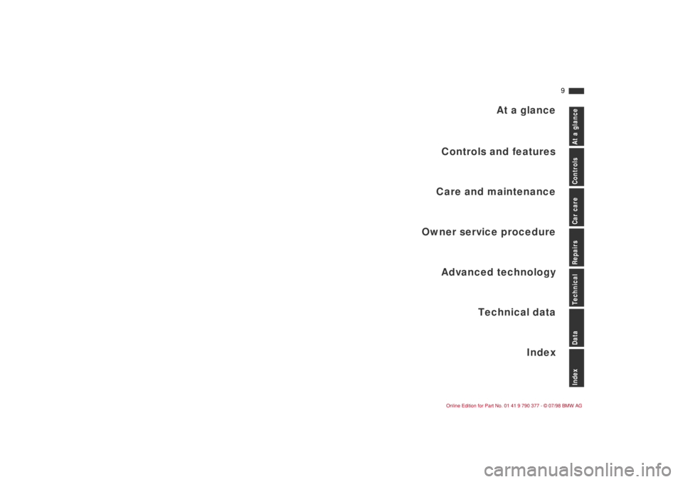 BMW CONVERTIBLE 1998  Owners Manual  
 9
 
At a glance
Controls and featuresCare and maintenanceAdvanced technology
Technical data
Owner service procedure
 
At a glanceControlsCar careRepairsTechnicalDataIndex
 
Index
 
  