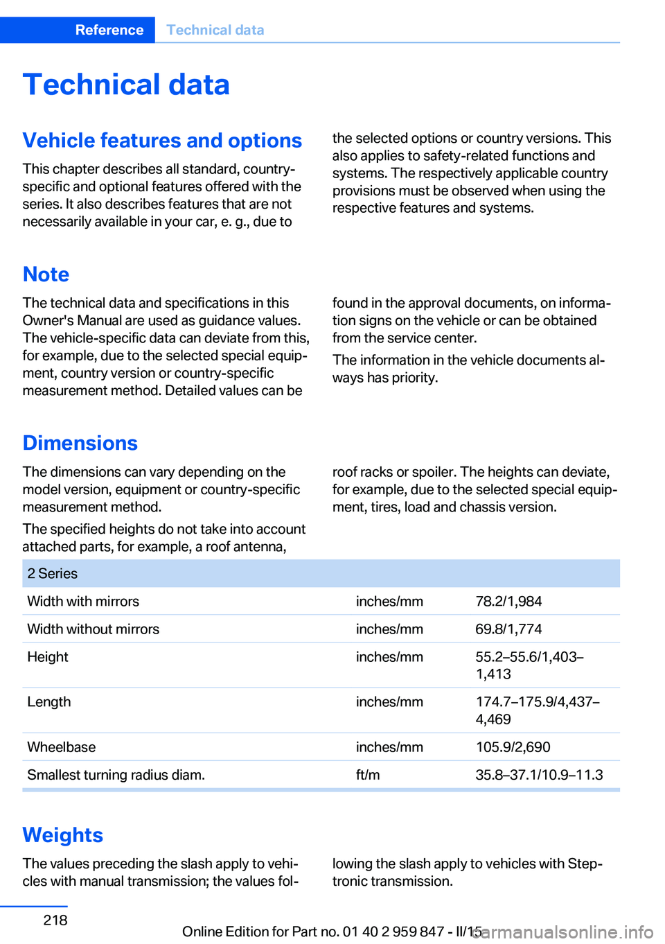 BMW M235I CONVERTIBLE 2016  Owners Manual Technical dataVehicle features and options
This chapter describes all standard, country-
specific and optional features offered with the
series. It also describes features that are not
necessarily ava