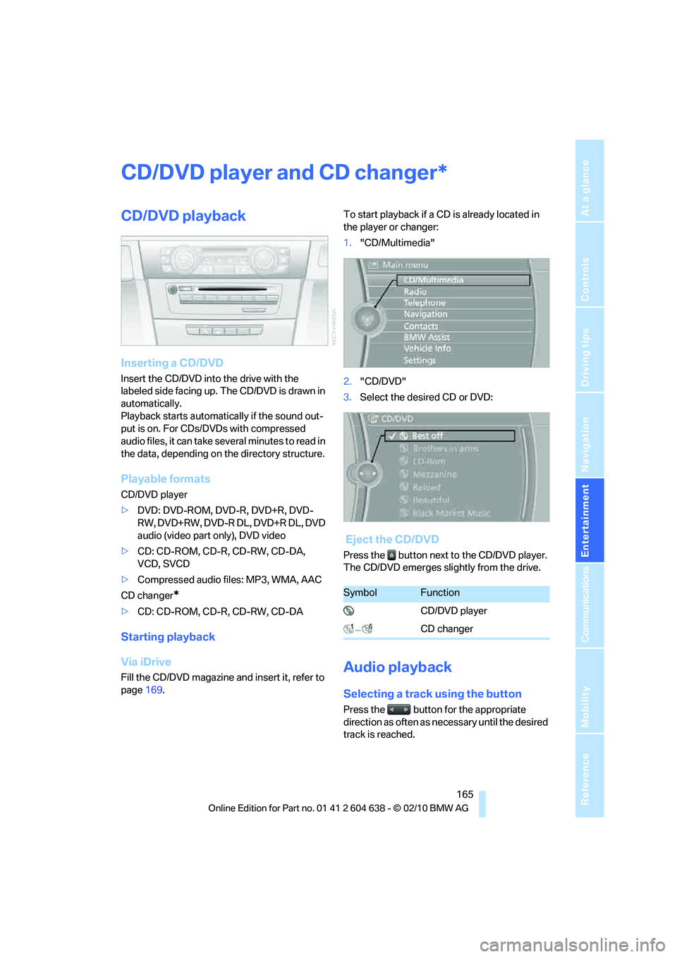 BMW M3 2011  Owners Manual Navigation
Entertainment
Driving tips
 165Reference
At a glance
Controls
Communications
Mobility
CD/DVD player and CD changer
CD/DVD playback
Inserting a CD/DVD
Insert the CD/DVD into the drive with t