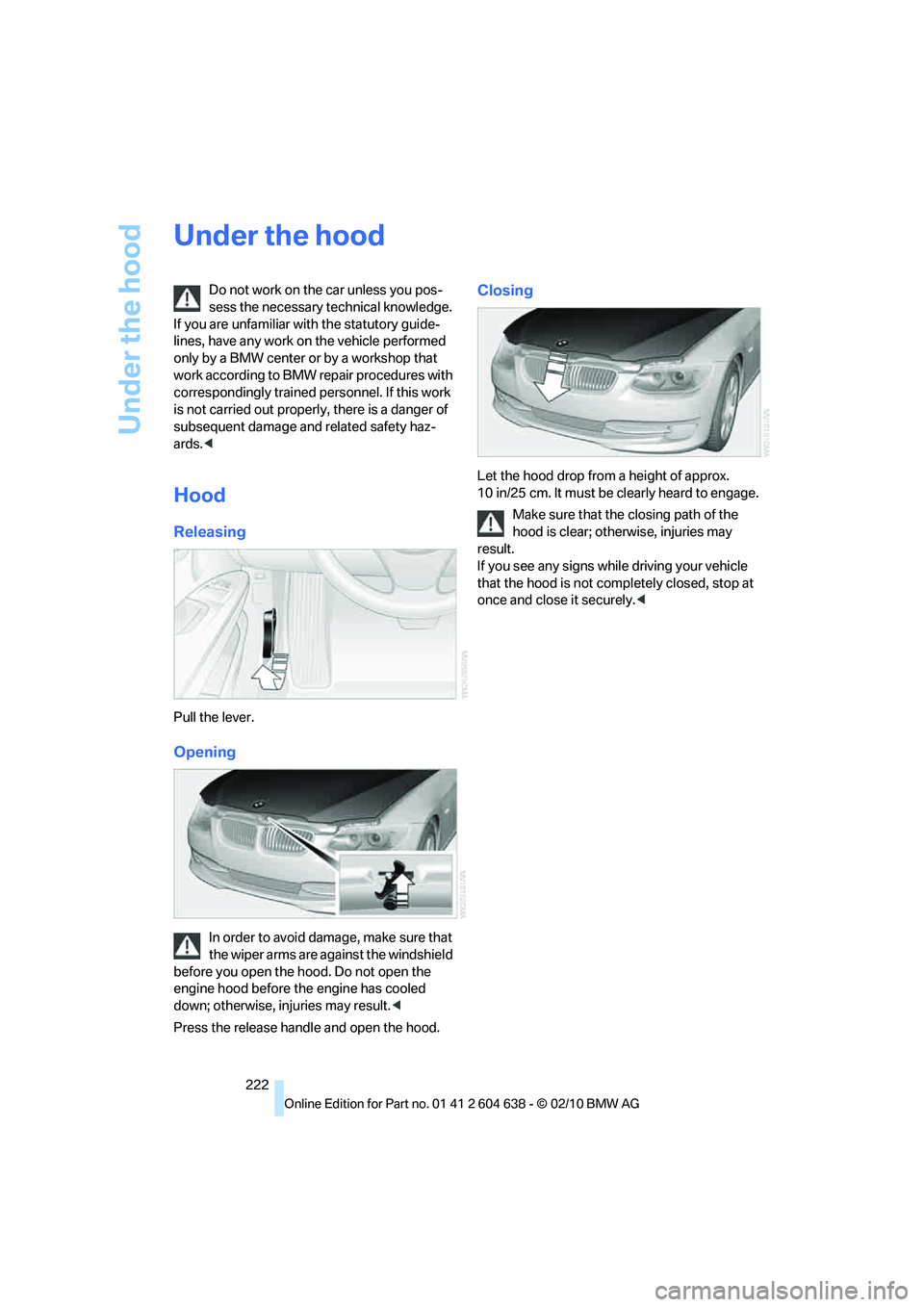 BMW M3 2011 Owners Manual Under the hood
222
Under the hood
Do not work on the car unless you pos-
sess the necessary technical knowledge.
If you are unfamiliar with the statutory guide-
lines, have any work on the vehicle pe BMW M3 2011 Owners Manual Under the hood
222
Under the hood
Do not work on the car unless you pos-
sess the necessary technical knowledge.
If you are unfamiliar with the statutory guide-
lines, have any work on the vehicle pe