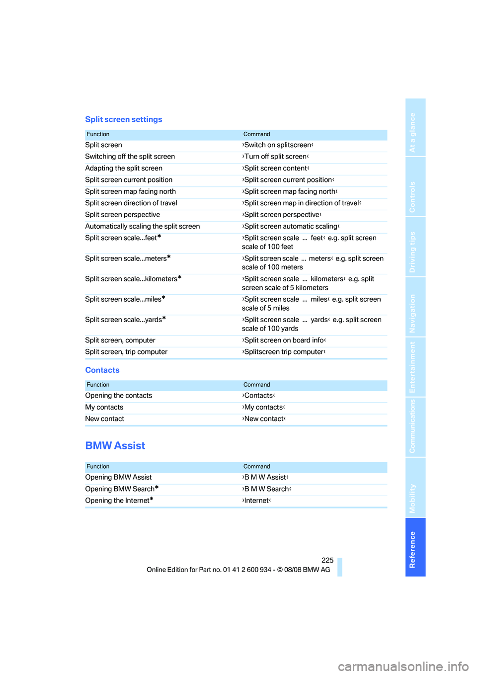 BMW M3 2009  Owners Manual Reference 225
At a glance
Controls
Driving tips
Communications
Navigation
Entertainment
Mobility
Split screen settings
Contacts
BMW Assist
FunctionCommand
Split screen{Switch on splitscreen}
Switching