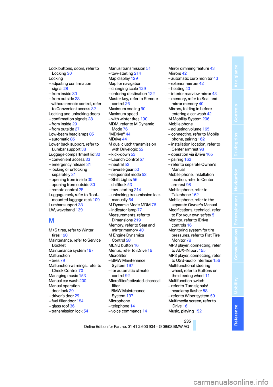 BMW M3 2009  Owners Manual Reference 235
At a glance
Controls
Driving tips
Communications
Navigation
Entertainment
Mobility
Lock buttons, doors, refer to 
Locking30
Locking
– adjusting confirmation 
signal28
– from inside30