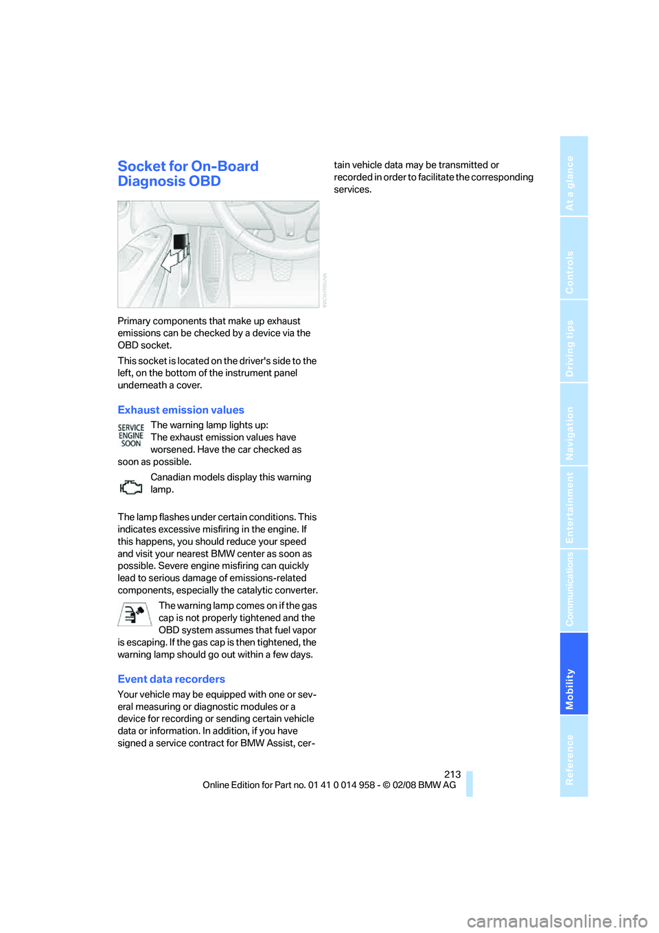 BMW M3 2008  Owners Manual Mobility
 213Reference
At a glance
Controls
Driving tips
Communications
Navigation
Entertainment
Socket for On-Board 
Diagnosis OBD
Primary components that make up exhaust 
emissions can be checked by