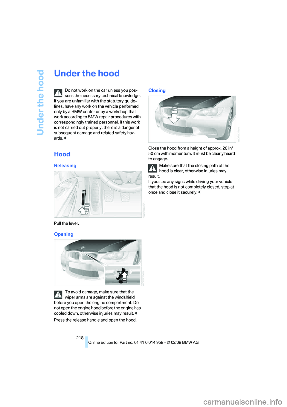 BMW M3 2008  Owners Manual Under the hood
218
Under the hood
Do not work on the car unless you pos-
sess the necessary technical knowledge. 
If you are unfamiliar with the statutory guide-
lines, have any work on the vehicle pe
