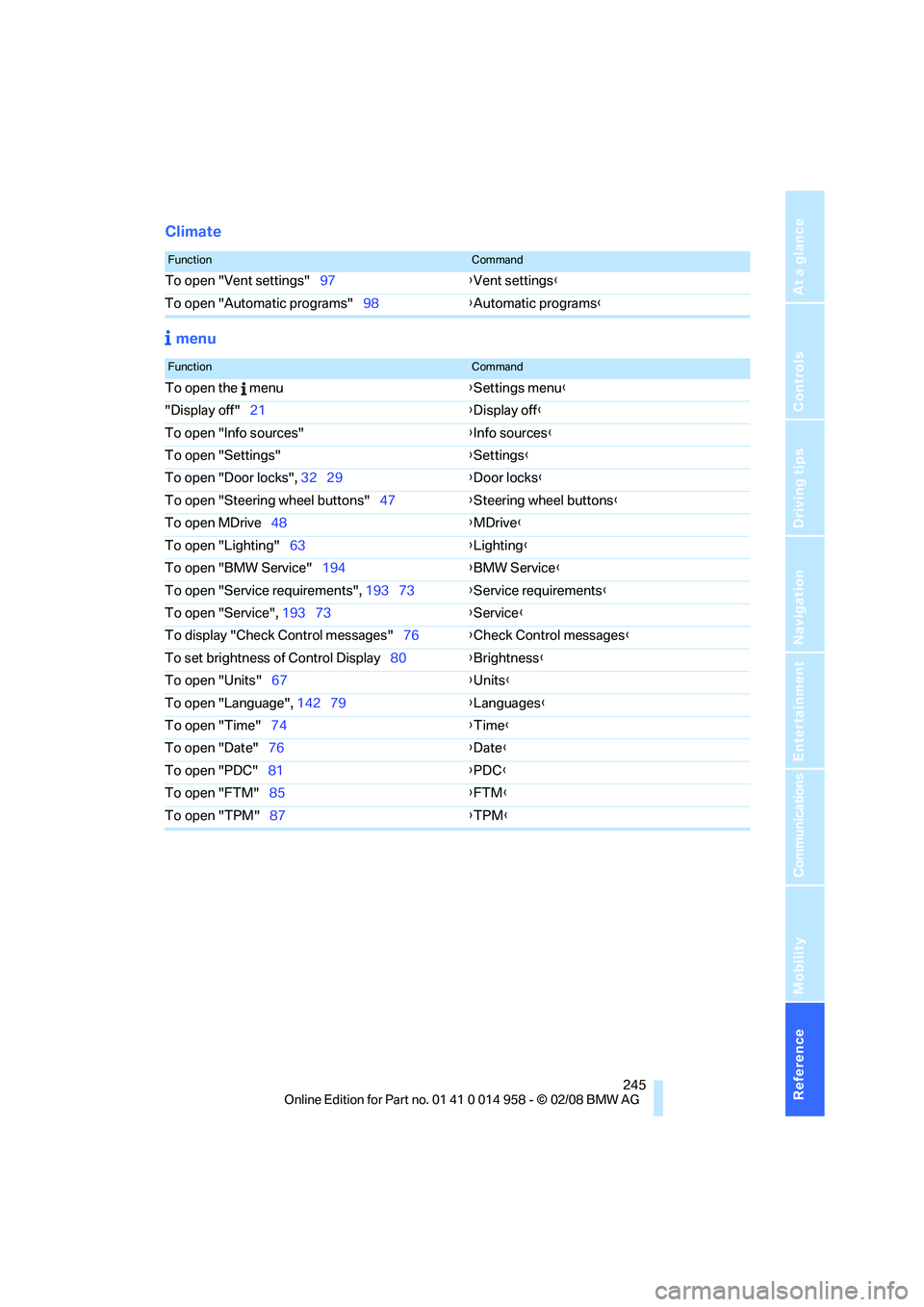 BMW M3 2008  Owners Manual Reference 245
At a glance
Controls
Driving tips
Communications
Navigation
Entertainment
Mobility
Climate
 menu
FunctionCommand
To open "Vent settings"97{Vent settings}
To open "Automatic programs"98{A