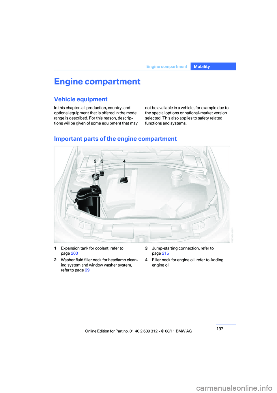 BMW M3 CONVERTIBLE 2012 Owners Manual 197
Engine compartment
Mobility
Engine compartment
Vehicle equipment
In this chapter, all production, country, and
optional equipment that is offered in the model
range is described. For this reason BMW M3 CONVERTIBLE 2012 Owners Manual 197
Engine compartment
Mobility
Engine compartment
Vehicle equipment
In this chapter, all production, country, and
optional equipment that is offered in the model
range is described. For this reason