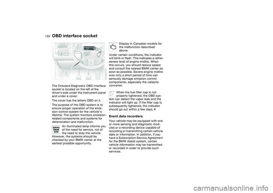 BMW M3 CONVERTIBLE 2011 Owners Manual 132Laws and regulations
OBD interface socketThe Onboard Diagnostic OBD interface
socket is located on the left of the
drivers side under the instrument panel
and under a cover.
The cover has the BMW M3 CONVERTIBLE 2011 Owners Manual 132Laws and regulations
OBD interface socketThe Onboard Diagnostic OBD interface
socket is located on the left of the
drivers side under the instrument panel
and under a cover.
The cover has the