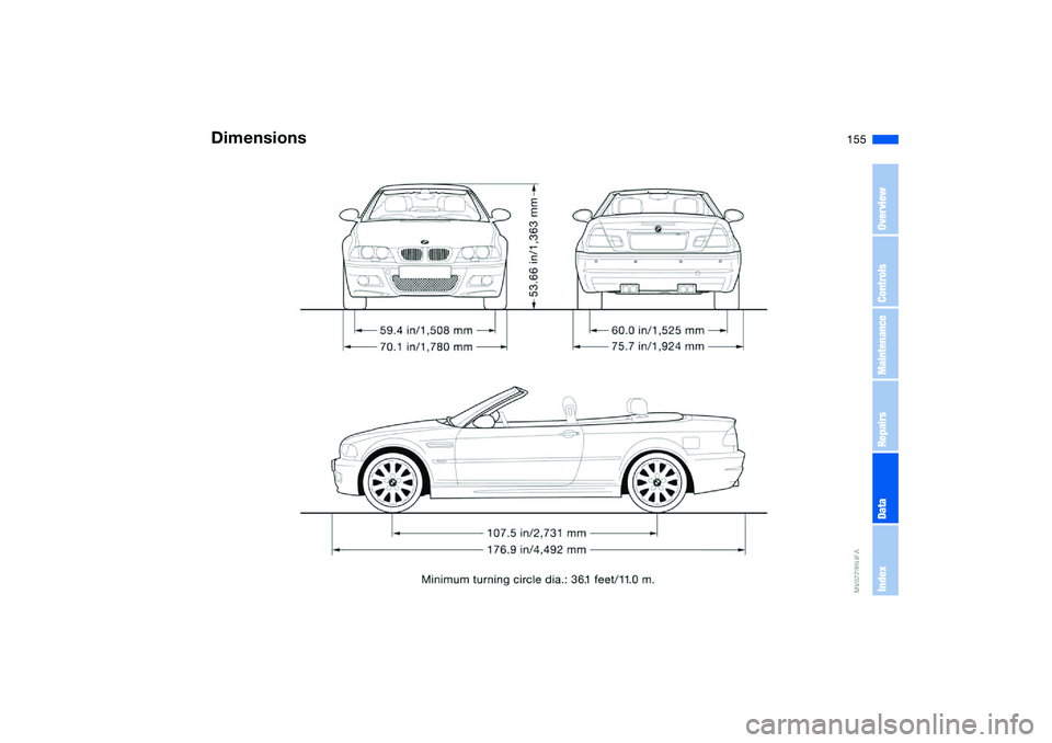 BMW M3 CONVERTIBLE 2011  Owners Manual 155
Dimensions
OverviewControlsMaintenanceRepairsDataIndex 