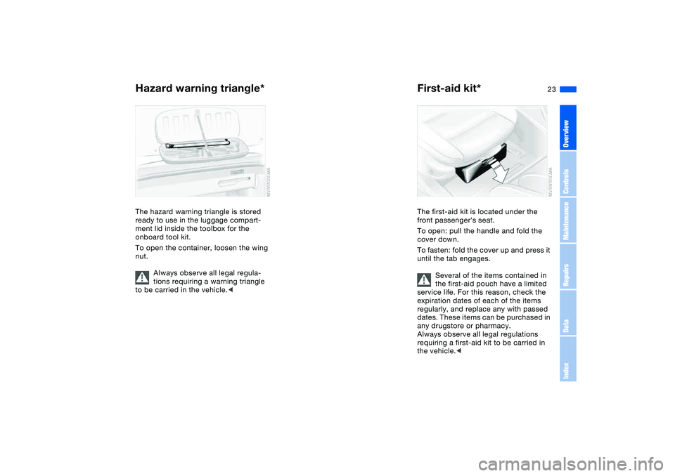 BMW M3 CONVERTIBLE 2011 Owners Manual 23
Hazard warning triangle*The hazard warning triangle is stored 
ready to use in the luggage compart-
ment lid inside the toolbox for the 
onboard tool kit.
To open the container, loosen the wing 
nu