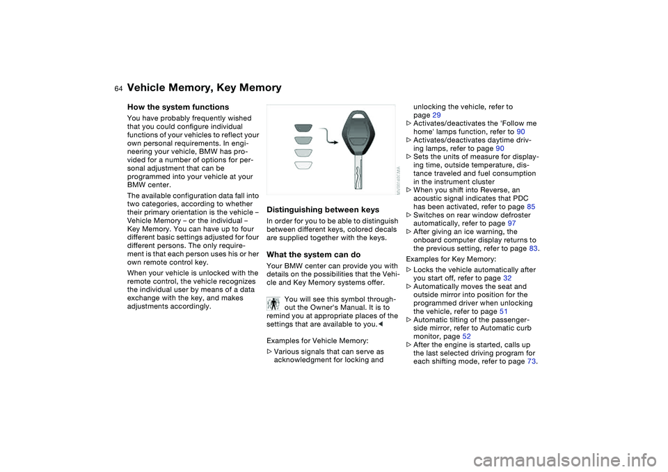 BMW M3 CONVERTIBLE 2011 Repair Manual 64
Vehicle Memory, Key MemoryHow the system functionsYou have probably frequently wished
that you could configure individual
functions of your vehicles to reflect your
own personal requirements. In BMW M3 CONVERTIBLE 2011 Repair Manual 64
Vehicle Memory, Key MemoryHow the system functionsYou have probably frequently wished
that you could configure individual
functions of your vehicles to reflect your
own personal requirements. In