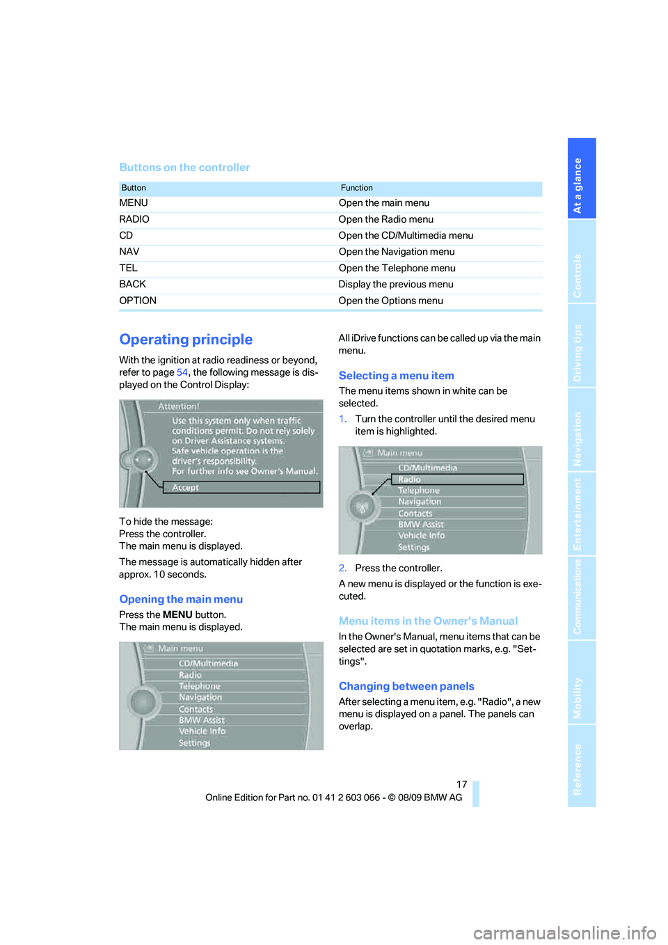 BMW M3 COUPE 2010 User Guide At a glance
 17Reference
Controls
Driving tips
Communications
Navigation
Entertainment
Mobility
Buttons on the controller
Operating principle
With the ignition at radio readiness or beyond, 
refer to 