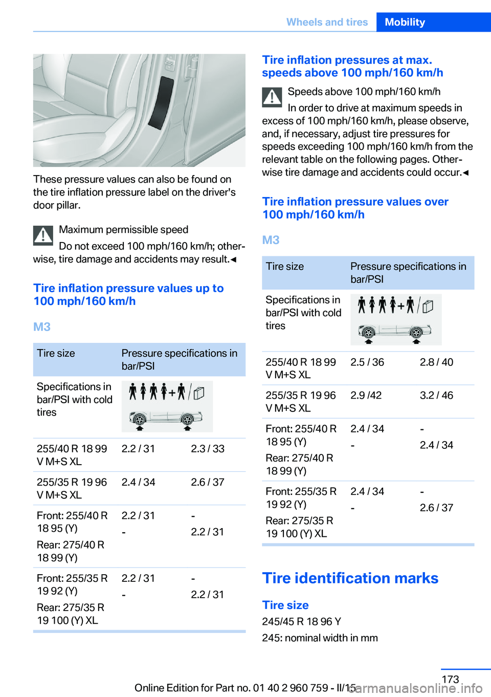 BMW M3 SEDAN 2016 Owners Manual These pressure values can also be found on
the tire inflation pressure label on the driver's
door pillar.
Maximum permissible speed
Do not exceed 100 mph/160 km/h; other‐
wise, tire damage and a BMW M3 SEDAN 2016 Owners Manual These pressure values can also be found on
the tire inflation pressure label on the driver's
door pillar.
Maximum permissible speed
Do not exceed 100 mph/160 km/h; other‐
wise, tire damage and a