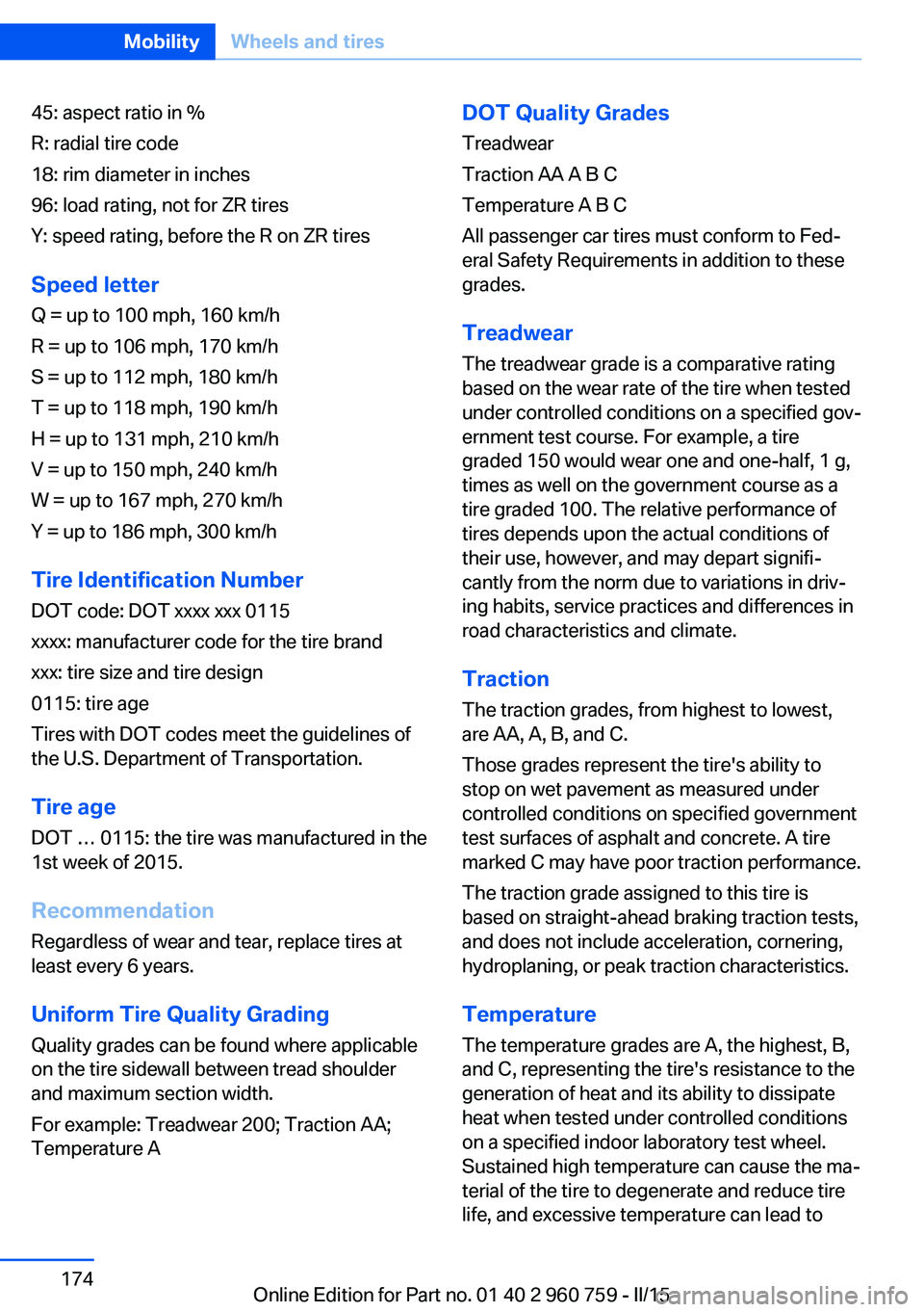 BMW M3 SEDAN 2016 Owners Manual 45: aspect ratio in %
R: radial tire code
18: rim diameter in inches
96: load rating, not for ZR tires
Y: speed rating, before the R on ZR tires
Speed letter
Q = up to 100 mph, 160 km/h
R = up to 106 BMW M3 SEDAN 2016 Owners Manual 45: aspect ratio in %
R: radial tire code
18: rim diameter in inches
96: load rating, not for ZR tires
Y: speed rating, before the R on ZR tires
Speed letter
Q = up to 100 mph, 160 km/h
R = up to 106