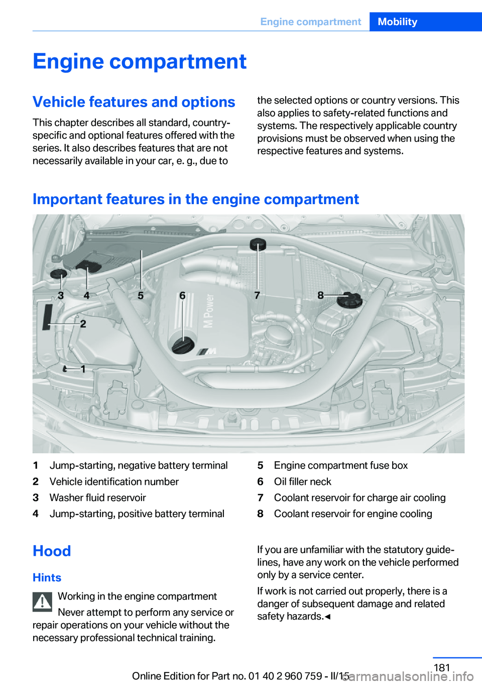 BMW M3 SEDAN 2016 Owners Manual Engine compartmentVehicle features and optionsThis chapter describes all standard, country-
specific and optional features offered with the
series. It also describes features that are not
necessarily BMW M3 SEDAN 2016 Owners Manual Engine compartmentVehicle features and optionsThis chapter describes all standard, country-
specific and optional features offered with the
series. It also describes features that are not
necessarily