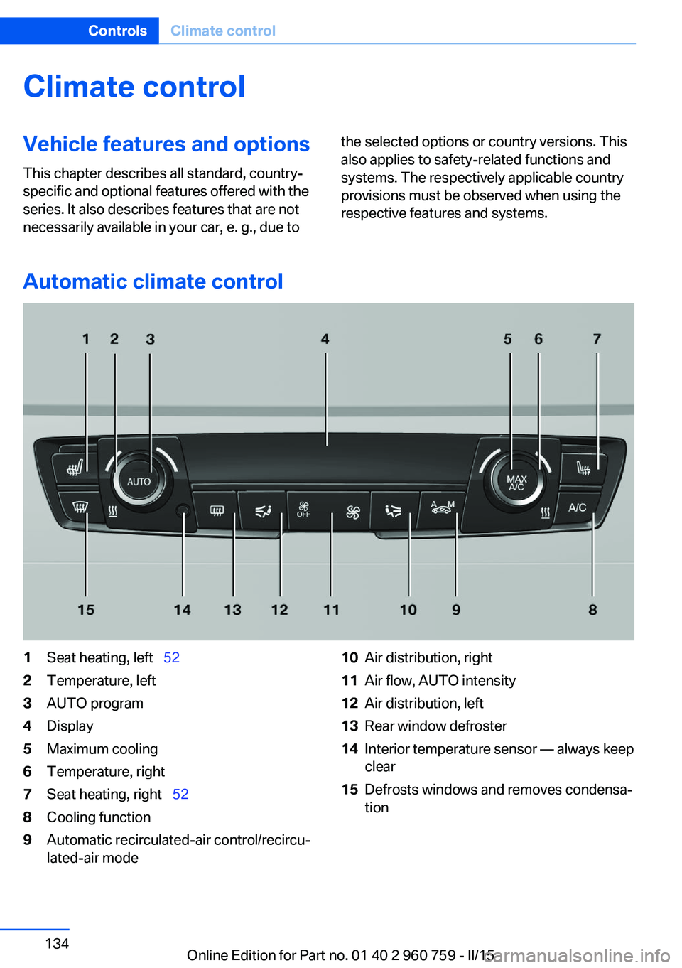 BMW M3 SEDAN 2015  Owners Manual Climate controlVehicle features and options
This chapter describes all standard, country-
specific and optional features offered with the
series. It also describes features that are not
necessarily av