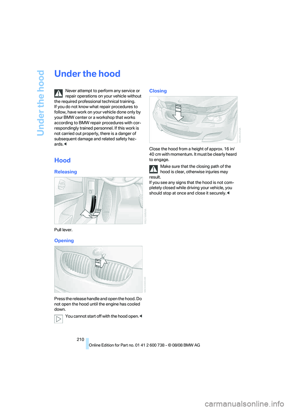 BMW M5 2010 Owners Manual Under the hood
210
Under the hood
Never attempt to perform any service or
repair operations on your vehicle without
the required professional technical training.
If you do not know what repair proc BMW M5 2010 Owners Manual Under the hood
210
Under the hood
Never attempt to perform any service or
repair operations on your vehicle without
the required professional technical training.
If you do not know what repair proc
