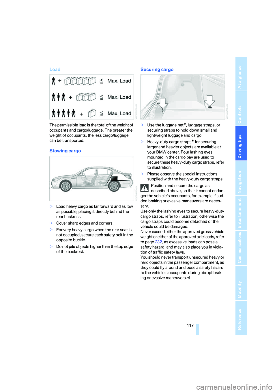 BMW M5 2008  Owners Manual Driving tips
 117Reference
At a glance
Controls
Communications
Navigation
Entertainment
Mobility
Load
The permissible load is the total of the weight of 
occupants and cargo/luggage. The greater the 
