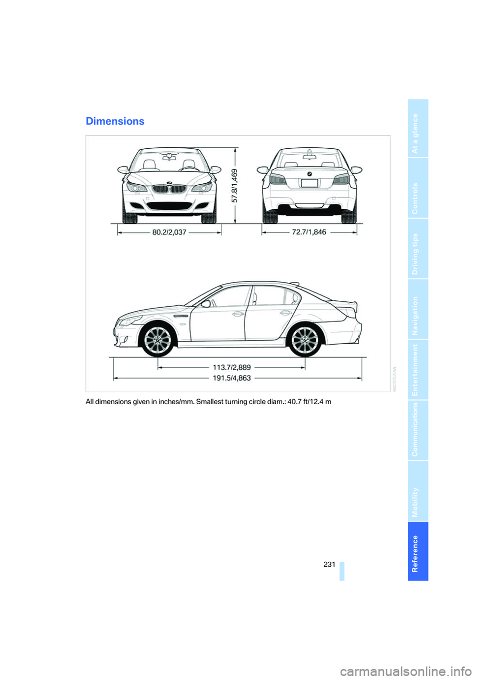 BMW M5 2008 Owners Manual Reference 231
At a glance
Controls
Driving tips
Communications
Navigation
Entertainment
Mobility
Dimensions
All dimensions given in inches/mm. Smallest turning circle diam.: 40.7 ft/12.4 m BMW M5 2008 Owners Manual Reference 231
At a glance
Controls
Driving tips
Communications
Navigation
Entertainment
Mobility
Dimensions
All dimensions given in inches/mm. Smallest turning circle diam.: 40.7 ft/12.4 m