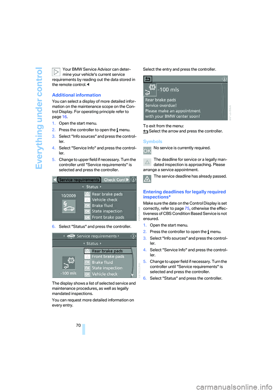 BMW M5 2008 Manual PDF Everything under control
70 Your BMW Service Advisor can deter-
mine your vehicles current service 
requirements by reading out the data stored in 
the remote control.<
Additional information
You can