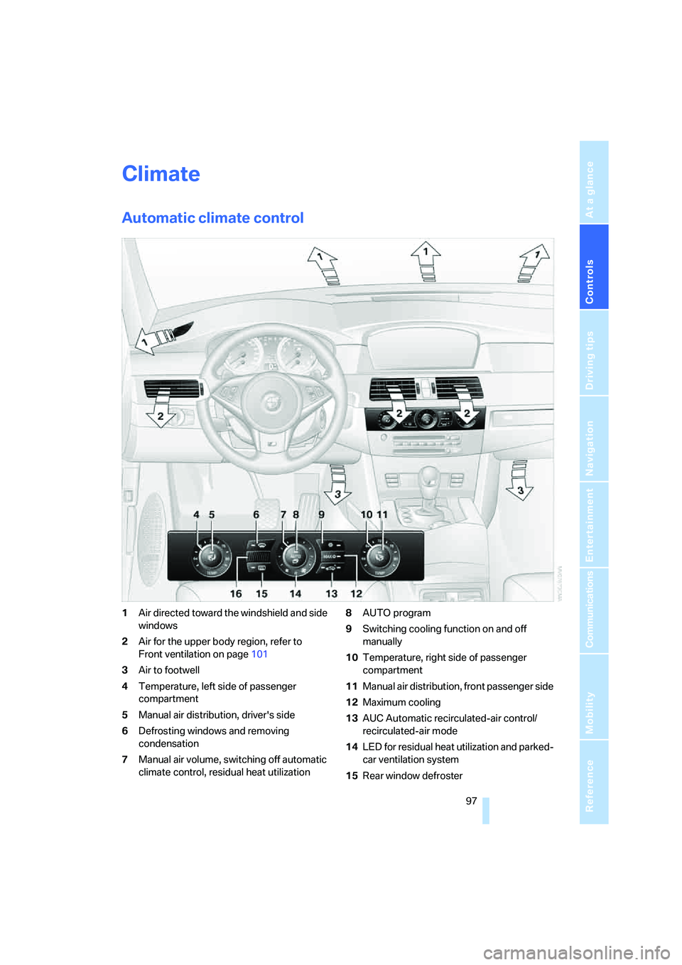 BMW M5 2008 Owners Manual Controls
97Reference
At a glance
Driving tips
Communications
Navigation
Entertainment
Mobility
Climate
Automatic climate control
1Air directed toward the windshield and side
windows
2Air for the upp BMW M5 2008 Owners Manual Controls
97Reference
At a glance
Driving tips
Communications
Navigation
Entertainment
Mobility
Climate
Automatic climate control
1Air directed toward the windshield and side
windows
2Air for the upp