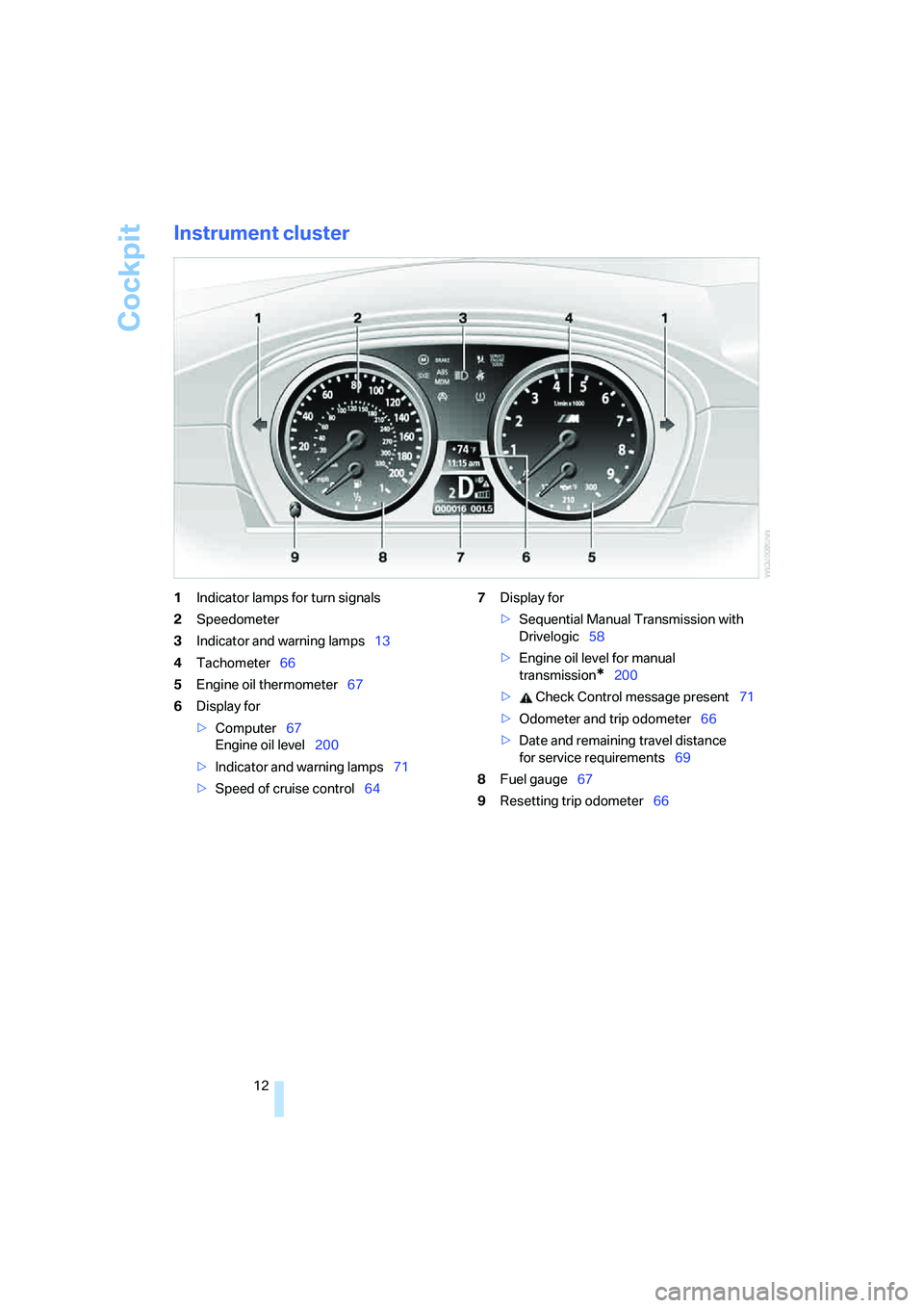 BMW M5 2007 Owners Manual Cockpit
12
Instrument cluster
1Indicator lamps for turn signals
2Speedometer
3Indicator and warning lamps13
4Tachometer66
5Engine oil thermometer67
6Display for
>Computer67
Engine oil level200
>Indica BMW M5 2007 Owners Manual Cockpit
12
Instrument cluster
1Indicator lamps for turn signals
2Speedometer
3Indicator and warning lamps13
4Tachometer66
5Engine oil thermometer67
6Display for
>Computer67
Engine oil level200
>Indica